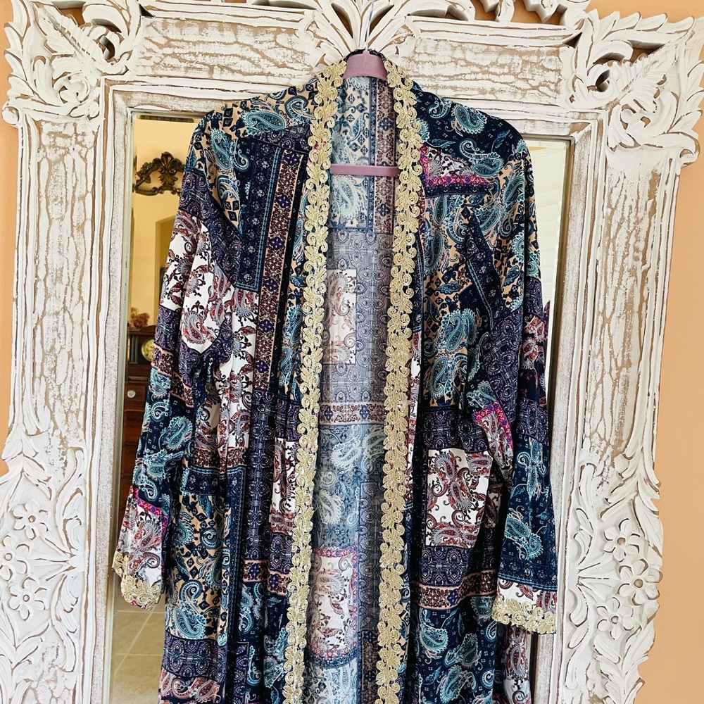 Lovely Blue Paisley Print Braided Gold Trim Open Front Maxi Lounge Robe